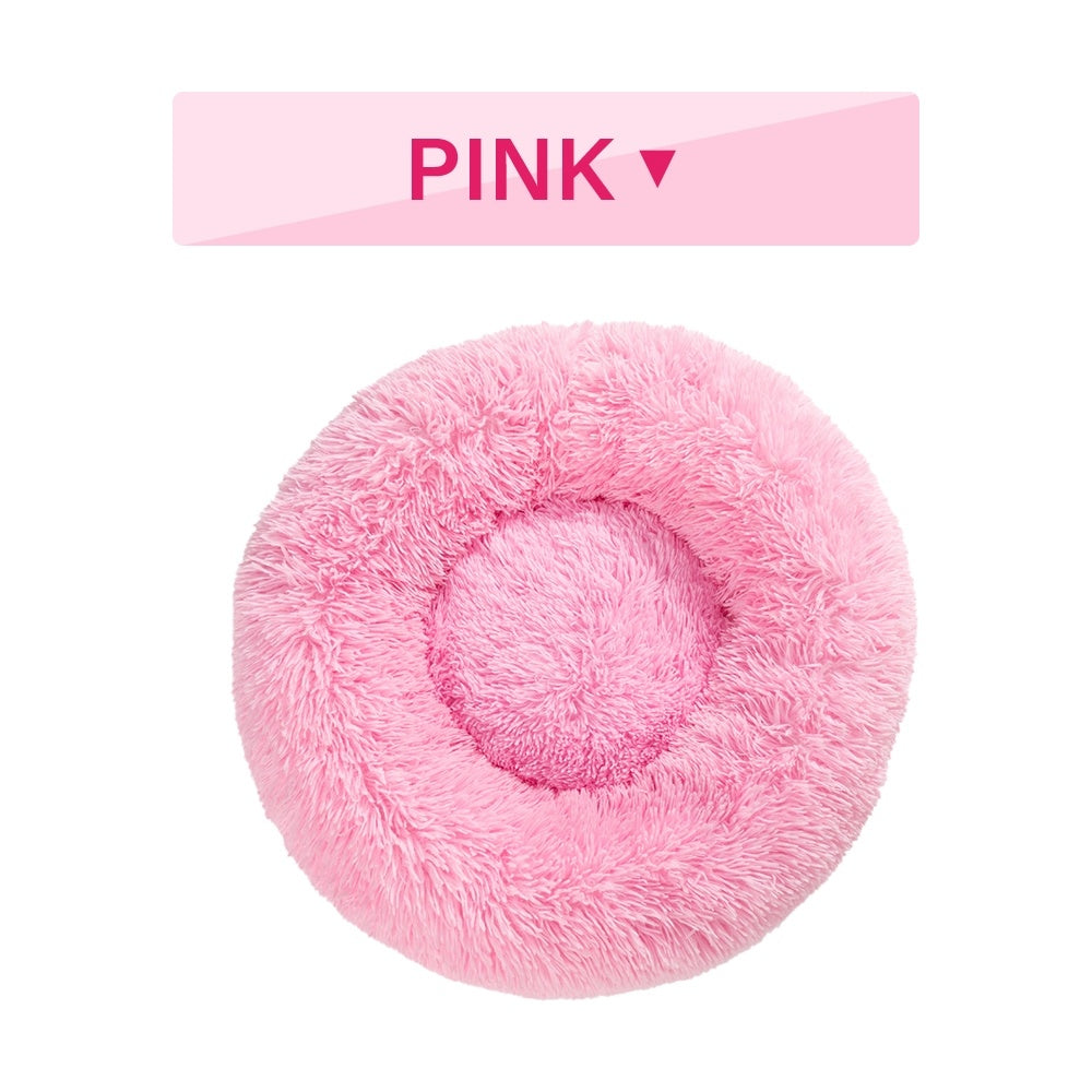 Fluffy Plush Donut Dog Bed – Soft Long Fur Washable Pet Sofa