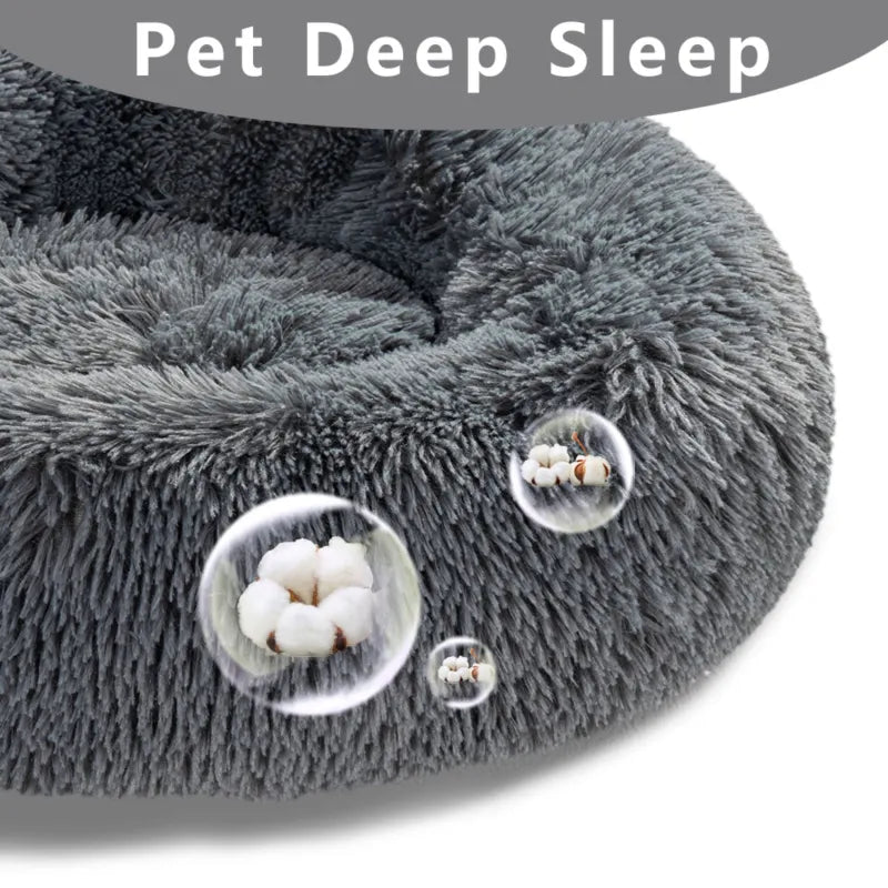 Fluffy Plush Donut Dog Bed – Soft Long Fur Washable Pet Sofa
