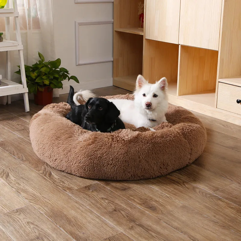 Fluffy Plush Donut Dog Bed – Soft Long Fur Washable Pet Sofa