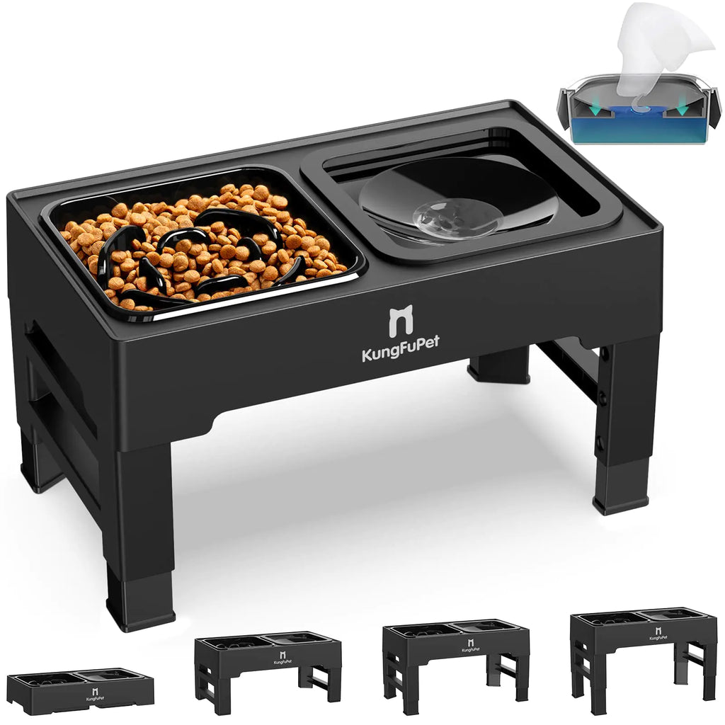 KungFuPet 2-in-1 Elevated Slow Feeder Dog Bowls – 4-Height Adjustable