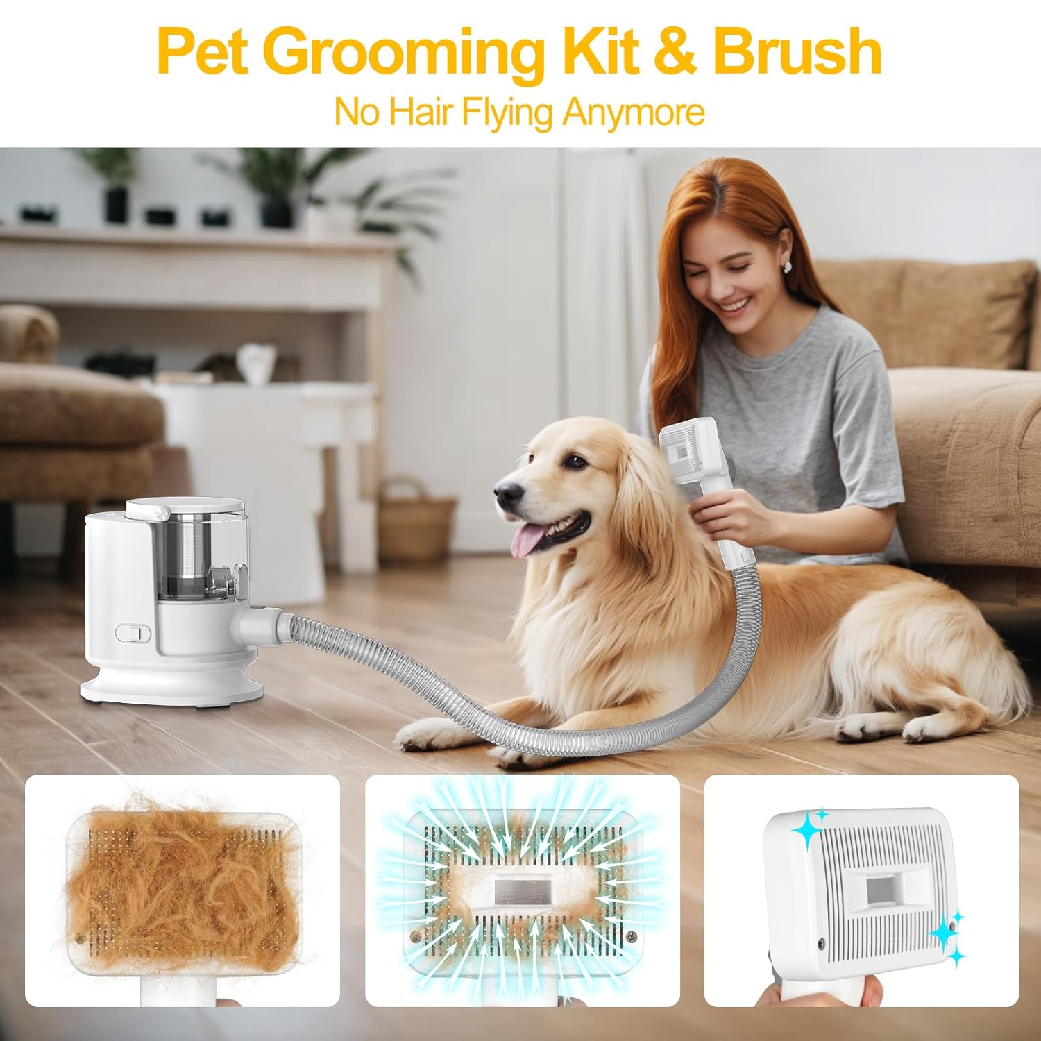 Dog Grooming Vacuum Kit – 1.5L Dust Cup, 12,000 Pa Shedding Brush (White)