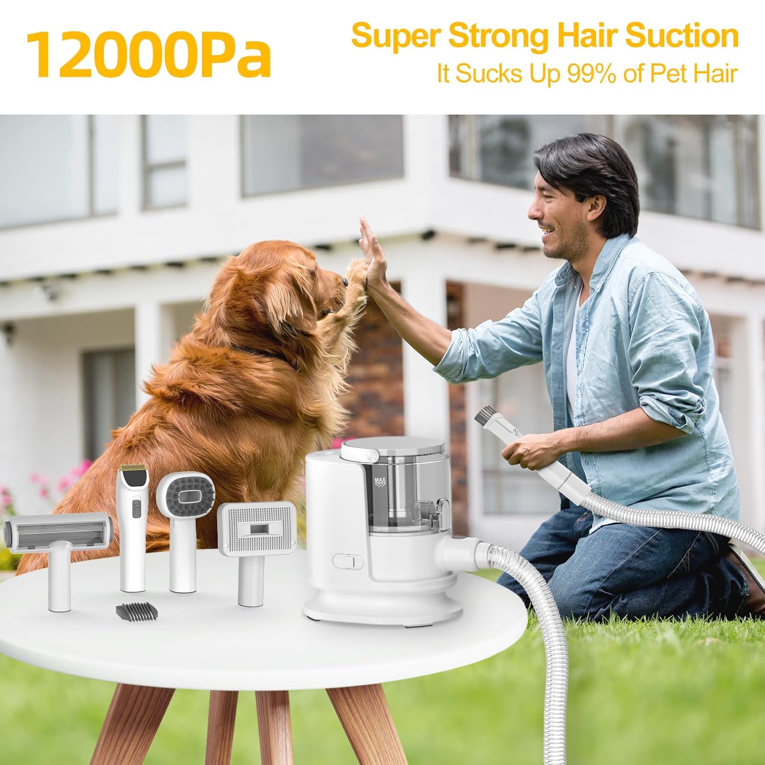 Dog Grooming Vacuum Kit – 1.5L Dust Cup, 12,000 Pa Shedding Brush (White)