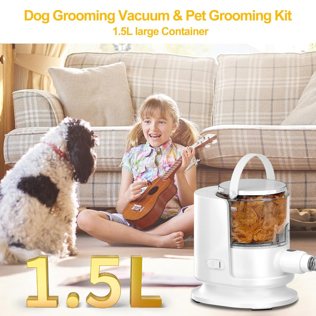 Dog Grooming Vacuum Kit – 1.5L Dust Cup, 12,000 Pa Shedding Brush (White)