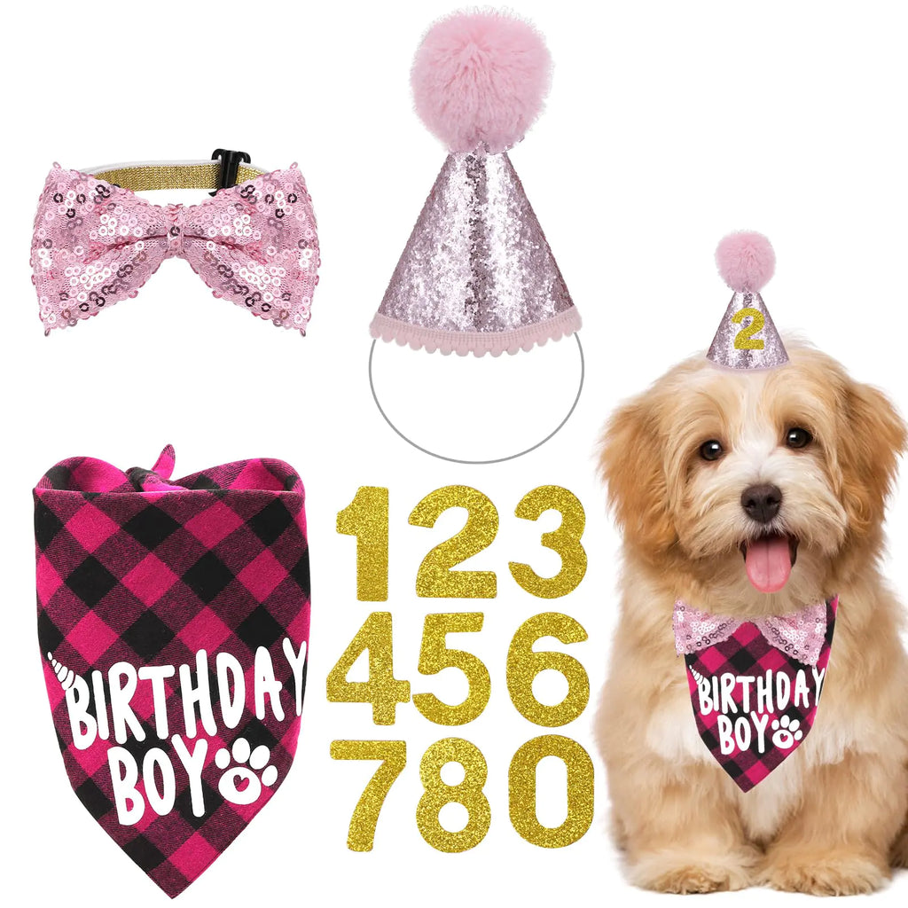 Pink Dog Birthday Decorations Dog Birthday Hat Dog Bow Tie Dog Birthday Bandana Boy Dog Party Decorations Dog Birthday Outfit for Small Medium Large Dogs