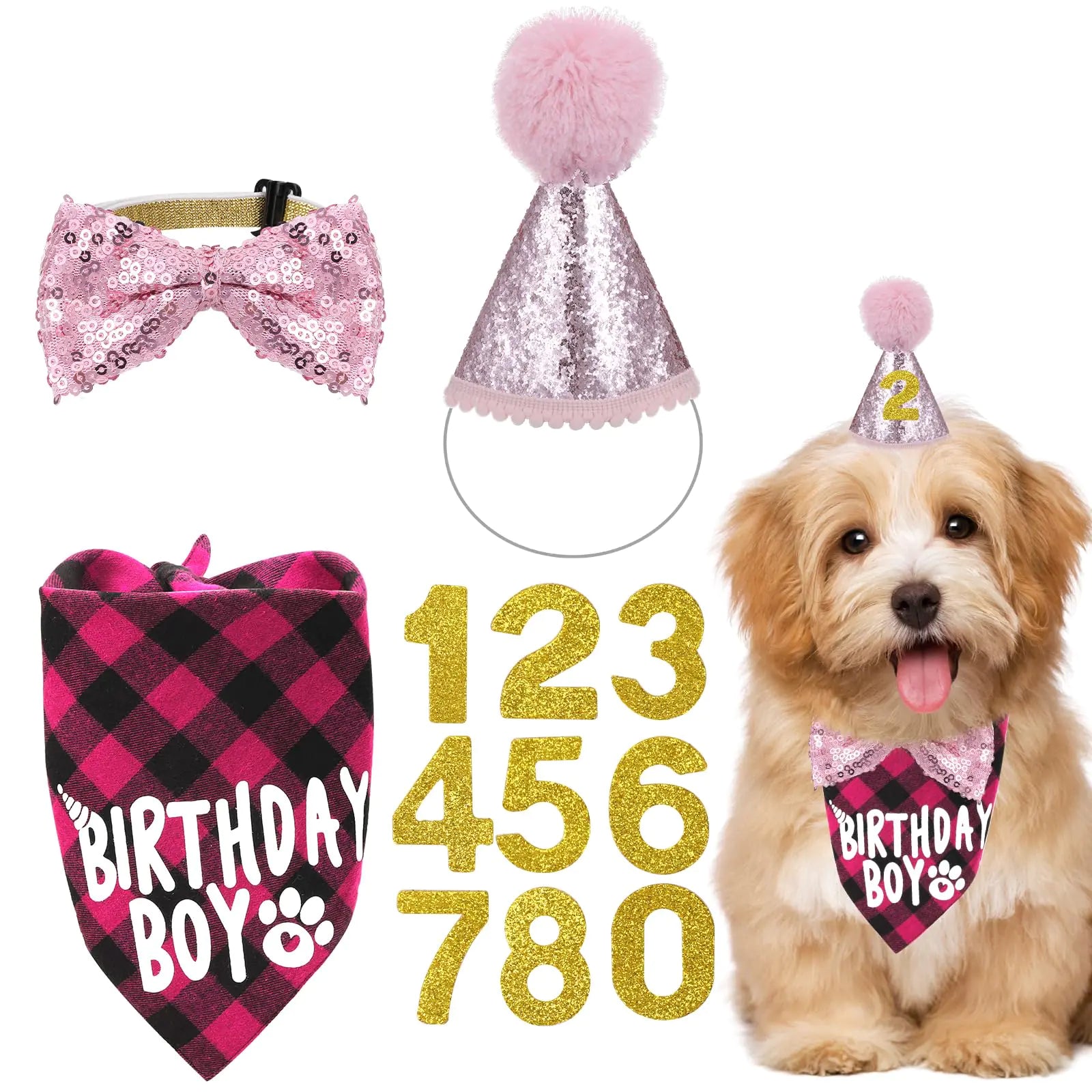 Pink Dog Birthday Decorations Dog Birthday Hat Dog Bow Tie Dog Birthday Bandana Boy Dog Party Decorations Dog Birthday Outfit for Small Medium Large Dogs