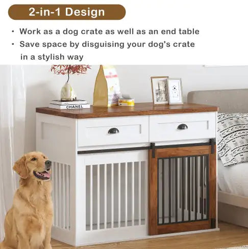 PawCraft™ Dual-Door Wooden Dog Crate & Side Cabinet