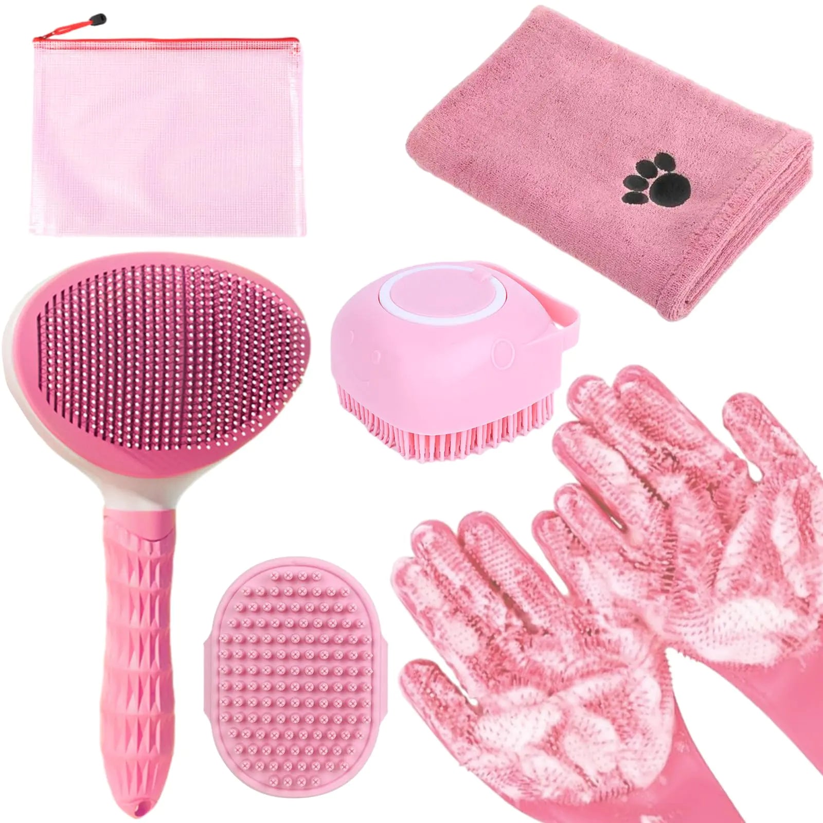 Pink Bath Grooming Kit for Pets (Brush, Gloves, Towel & Shampoo Scrubber)