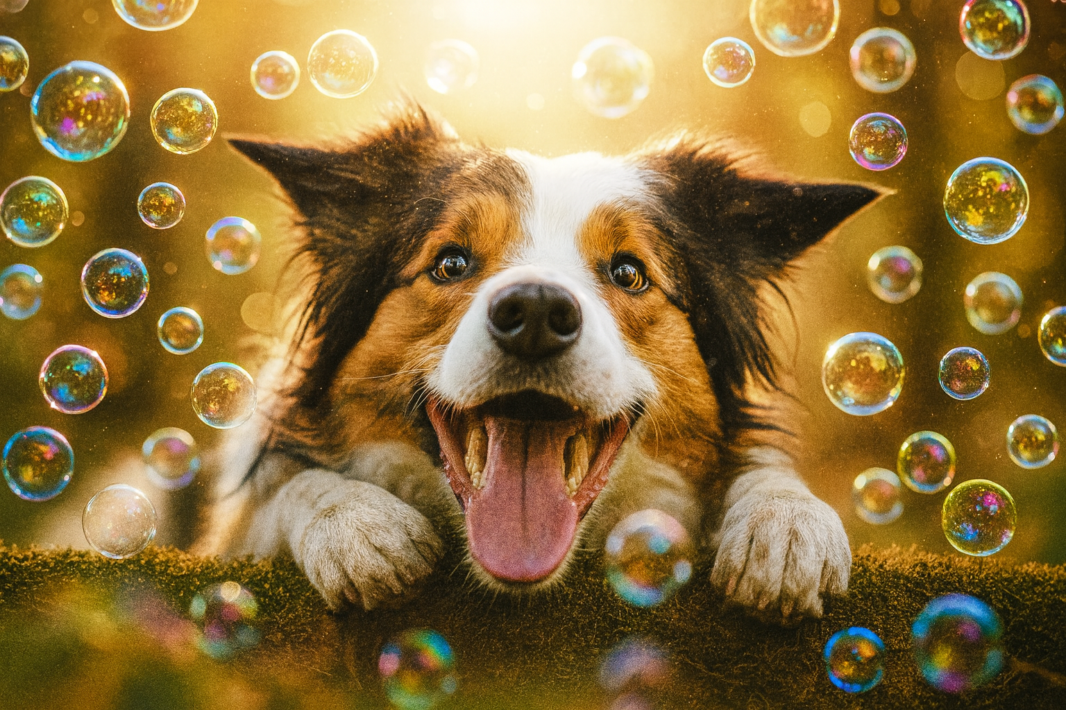 Happy dog with bubbles in the air 