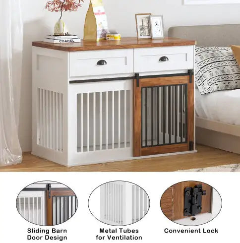 PawCraft™ Dual-Door Wooden Dog Crate & Side Cabinet