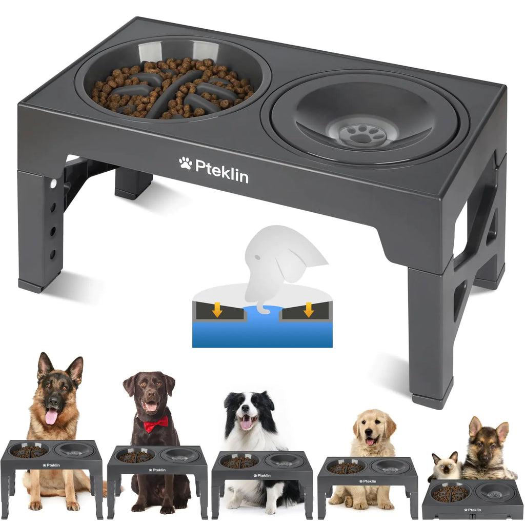 Pteklin Elevated Dog Bowls 5 Height Adjustable Raised Bowl with Anti Spill Non-Skid No Shaking Water Bowl and Slow Feeder Dog Bowls Stand for Small Medium Large Dogs