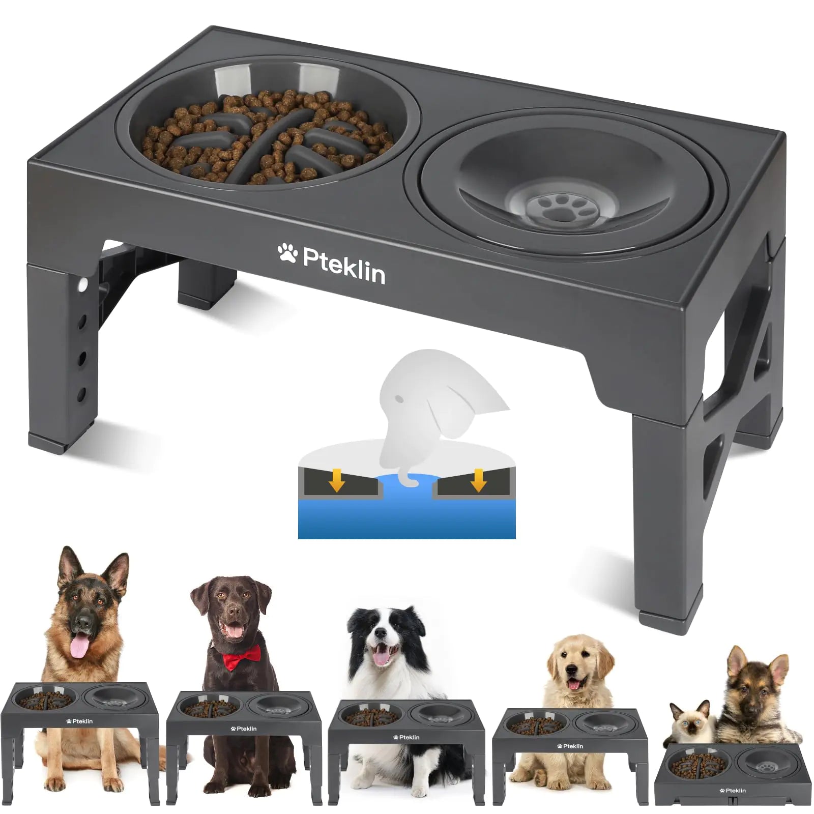 Pteklin Elevated Dog Bowls 5 Height Adjustable Raised Bowl with Anti Spill Non-Skid No Shaking Water Bowl and Slow Feeder Dog Bowls Stand for Small Medium Large Dogs