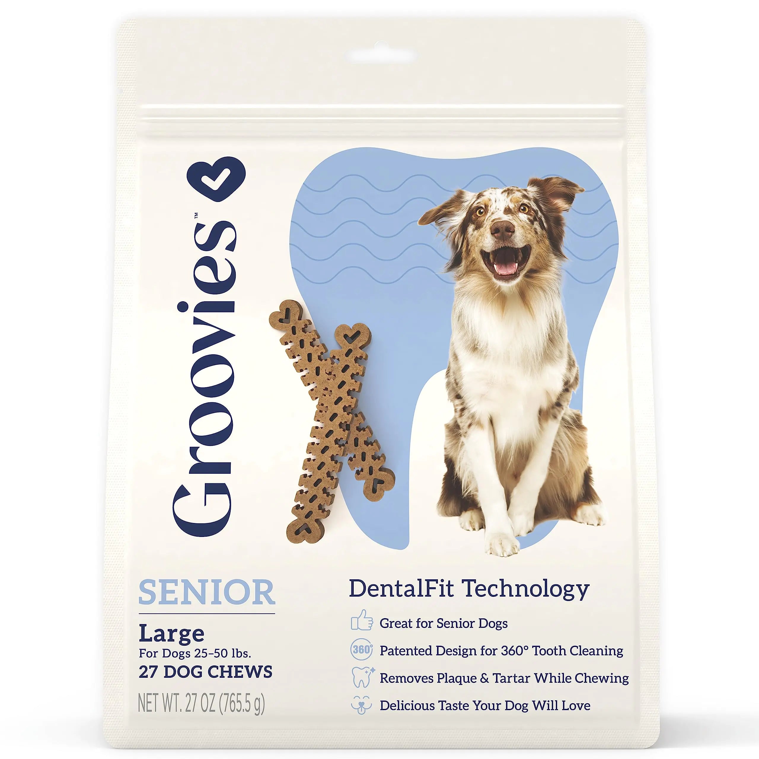 GROOVIES Senior Dog Dental Chew (27oz Large), 27 Chews