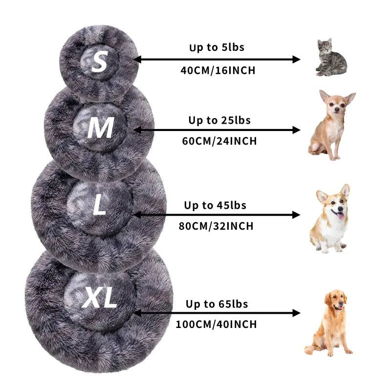 Fluffy Plush Donut Dog Bed – Soft Long Fur Washable Pet Sofa