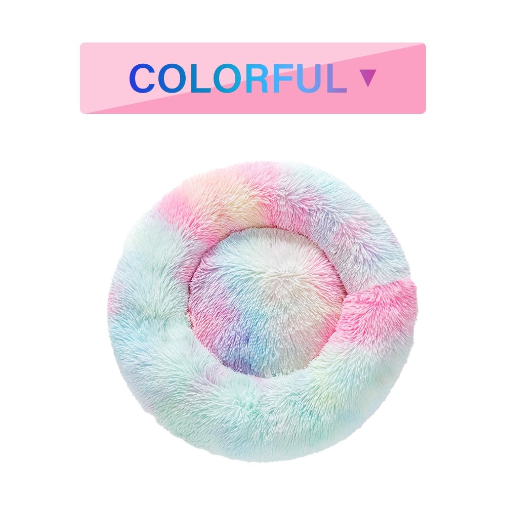 Fluffy Plush Donut Dog Bed – Soft Long Fur Washable Pet Sofa