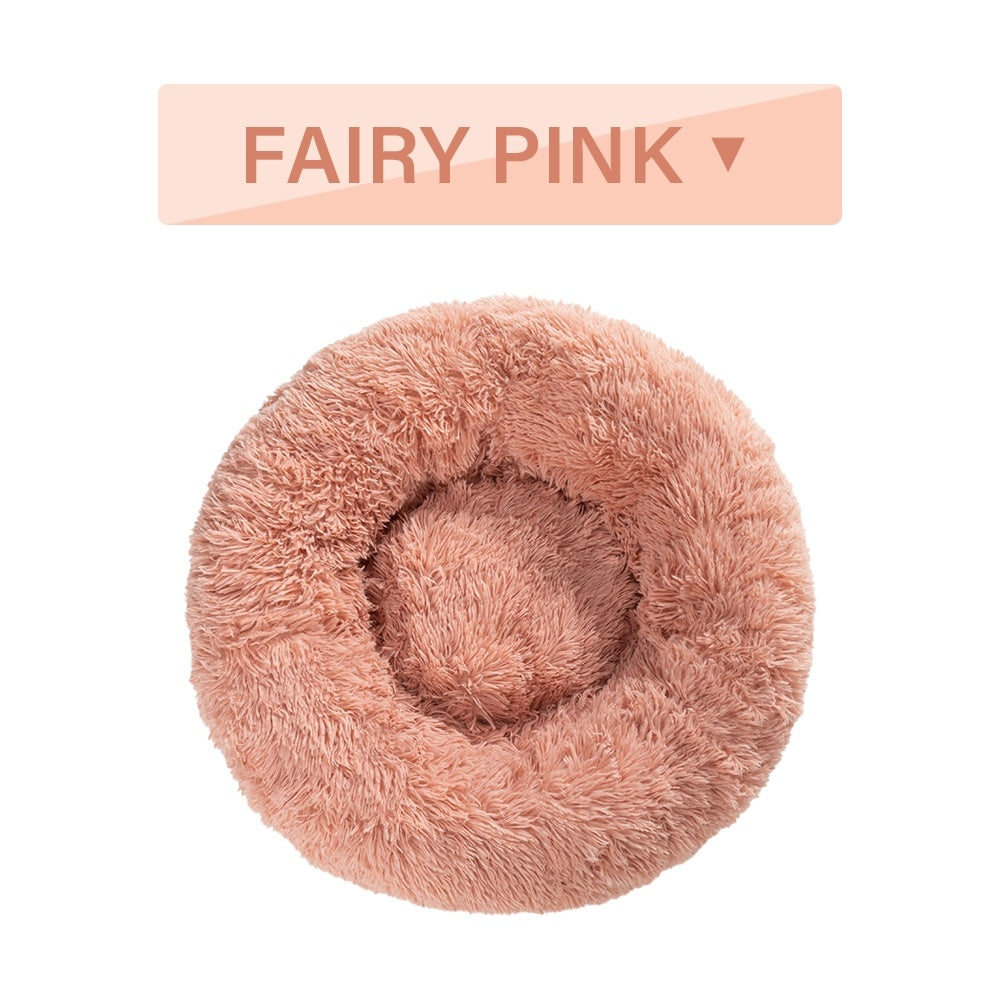 Fluffy Plush Donut Dog Bed – Soft Long Fur Washable Pet Sofa