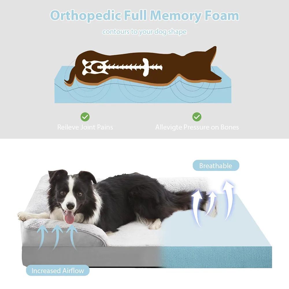 High Quality Orthopedic Memory Foam Dog Sofa Bed with Waterproof Liner & Non-Slip Base