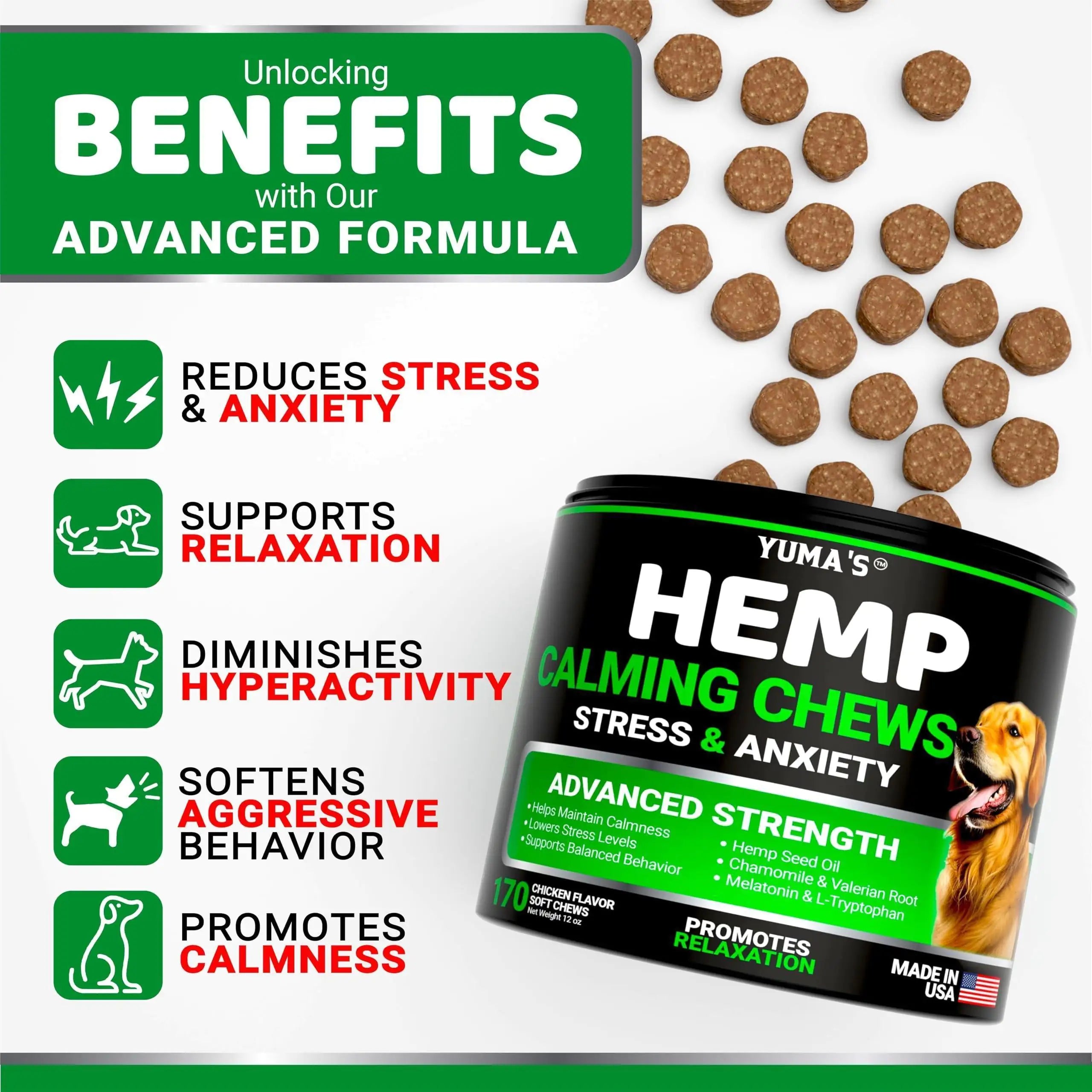 YUMA'S Hemp Calming Chews, 170 Chews Chicken Flavor