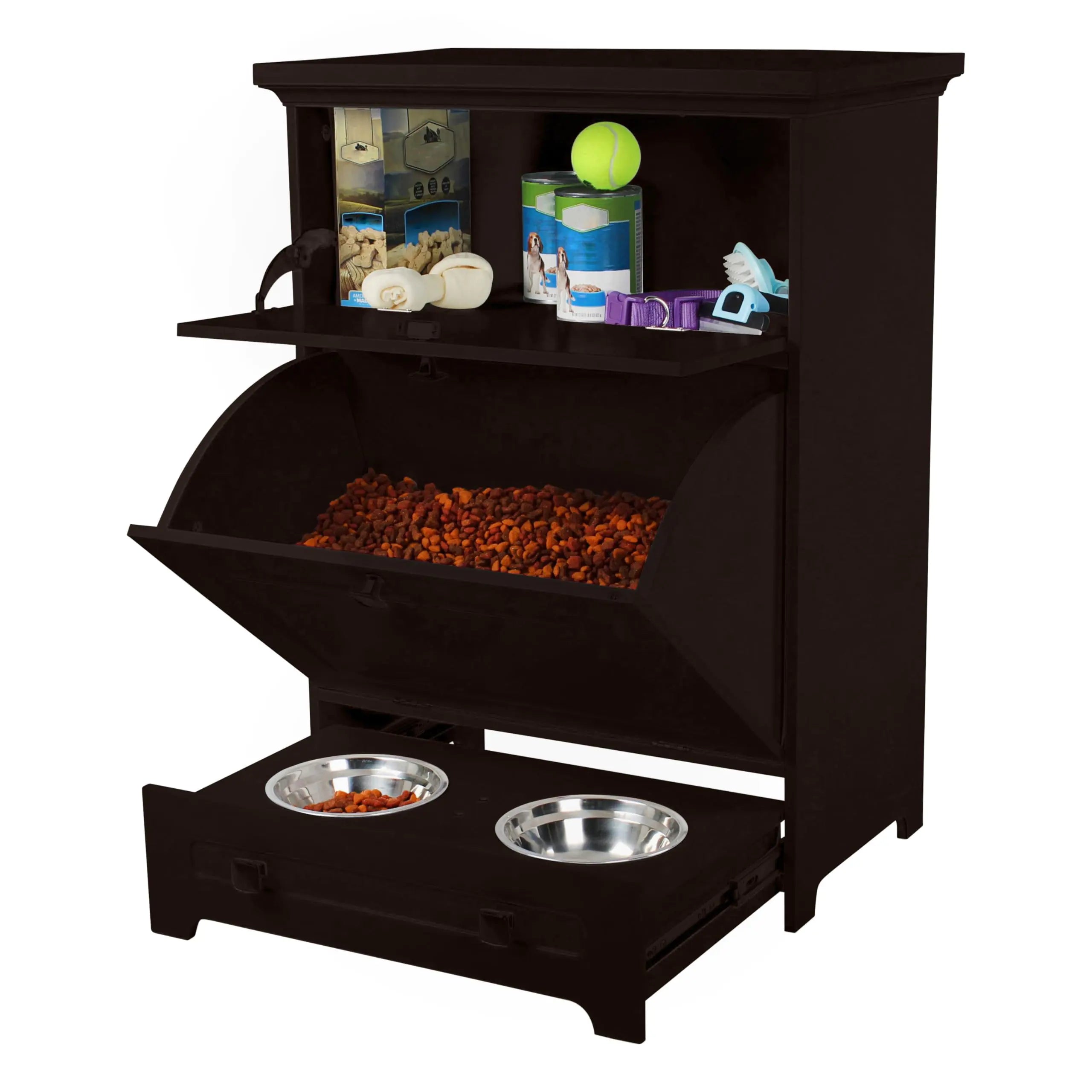 MiMu Raised Pet Feeding Station with Storage Cabinet – Elevated Dog & Cat Bowl Stand (Brown)