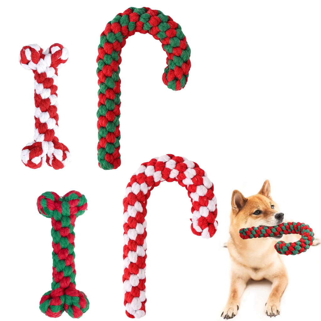 SCENEREAL Christmas Dog Toys Durable Crutch Bone Rope Toys 4 Pack Bite Resistant Chew Toy for Teething Cleaning Xmas Element Rope Toy for Puppy Small Medium Large Dogs