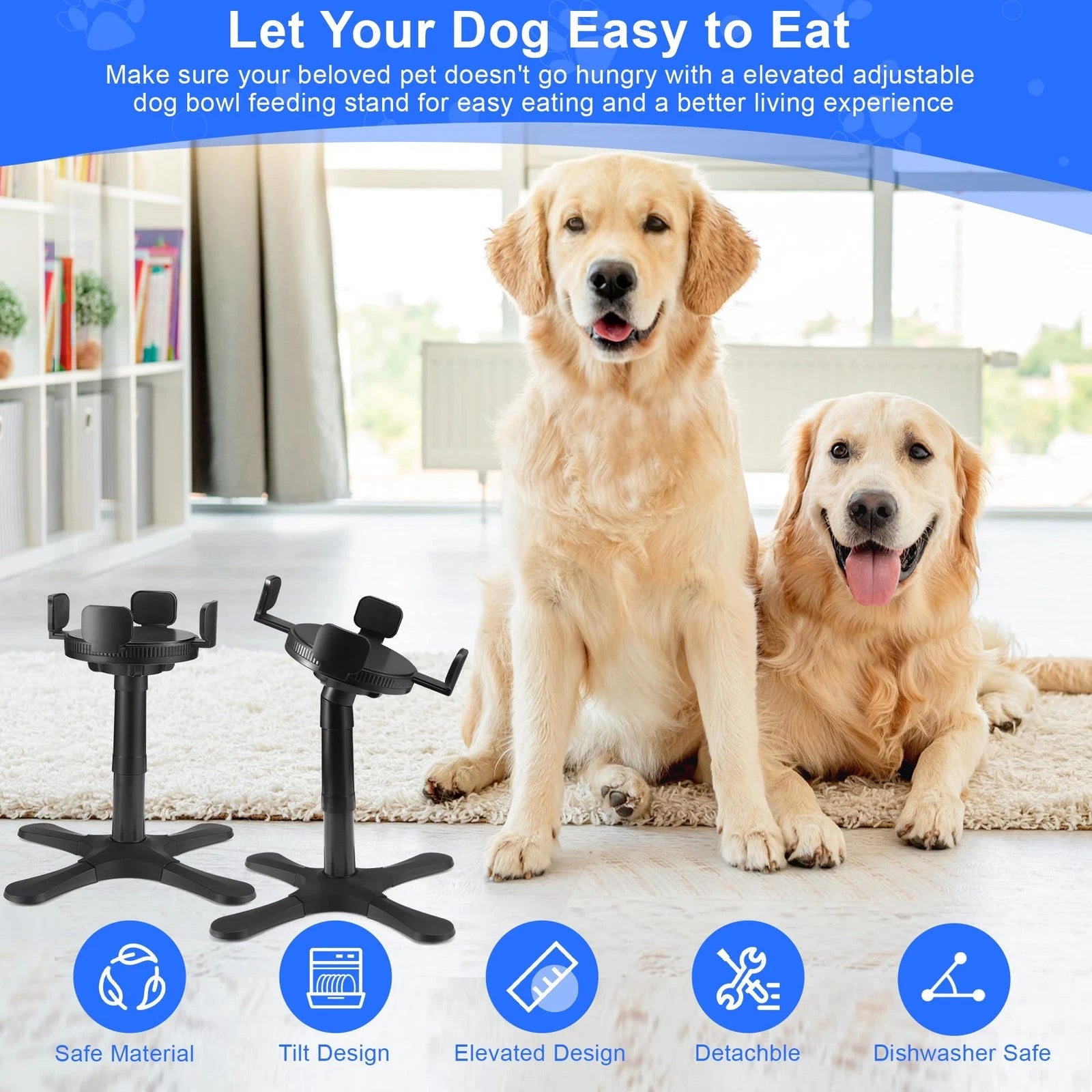 Elevated Adjustable Dog Bowl Stand – Raised Feeding Stand with 3 Heights & Tilted Angle for Medium & Large Dogs (2-Pack)